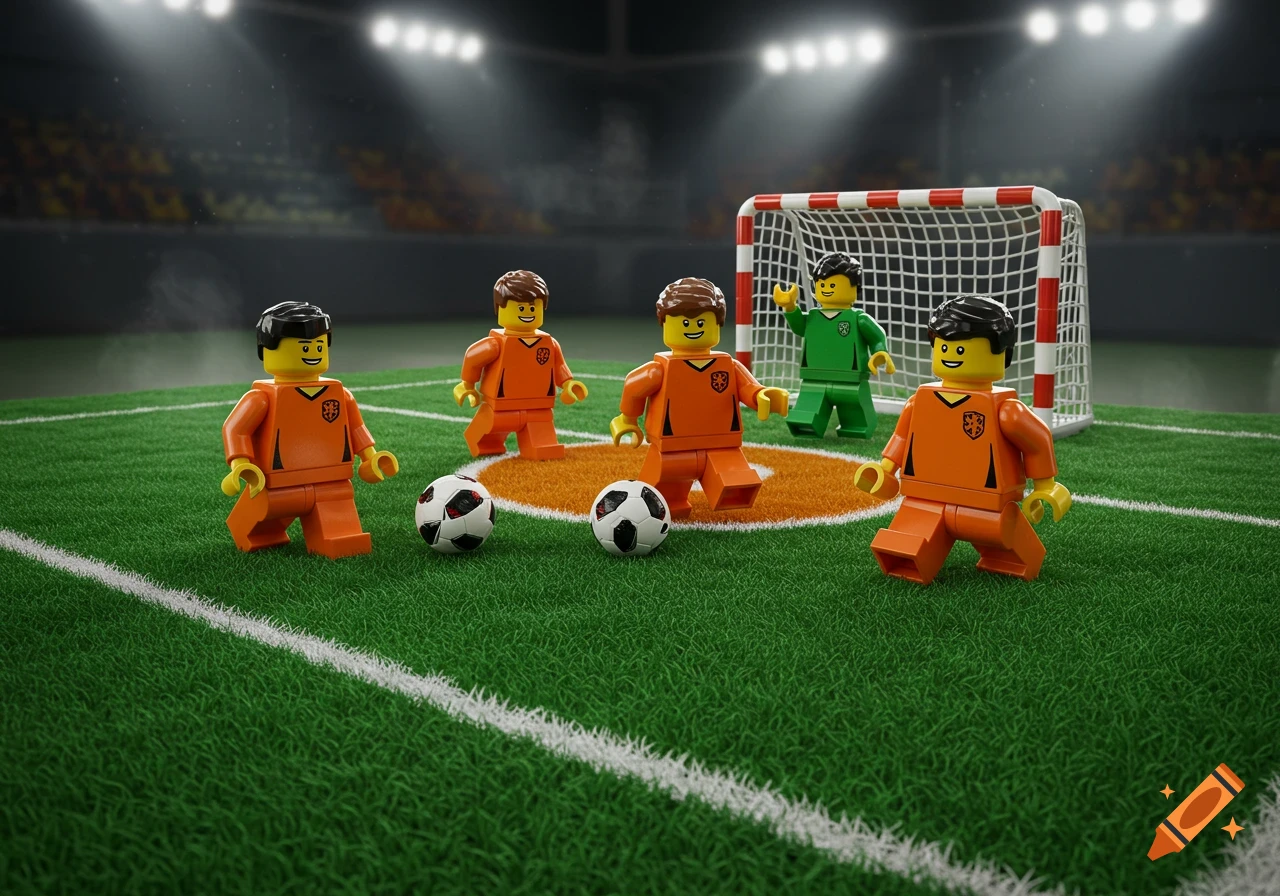 Five Lego soccer players in orange uniforms and one green-uniformed goalie on a detailed grass field with a goal under stadium lights.