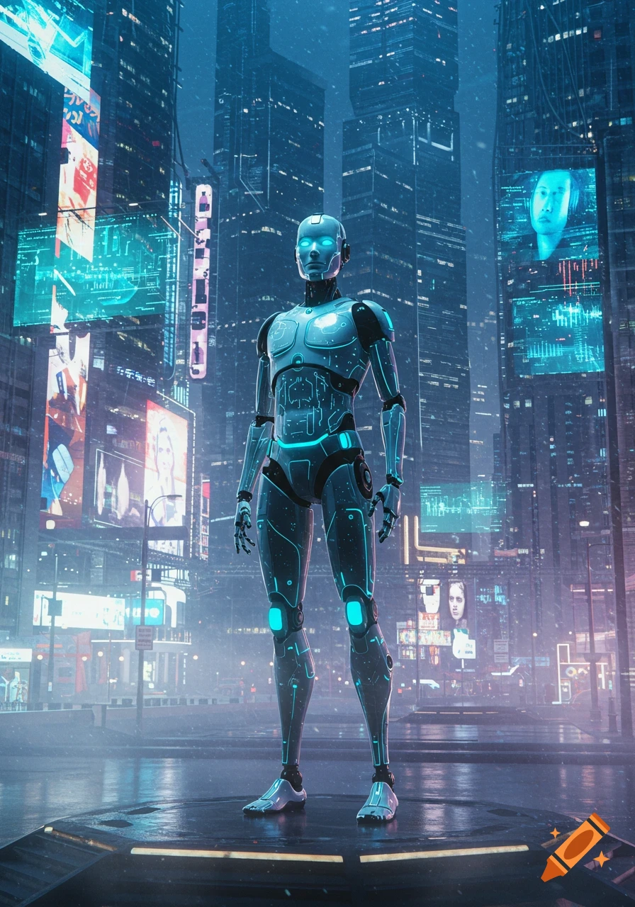 A sleek, metallic robot with glowing blue lights stands on a platform in a rainy, neon-lit futuristic city.