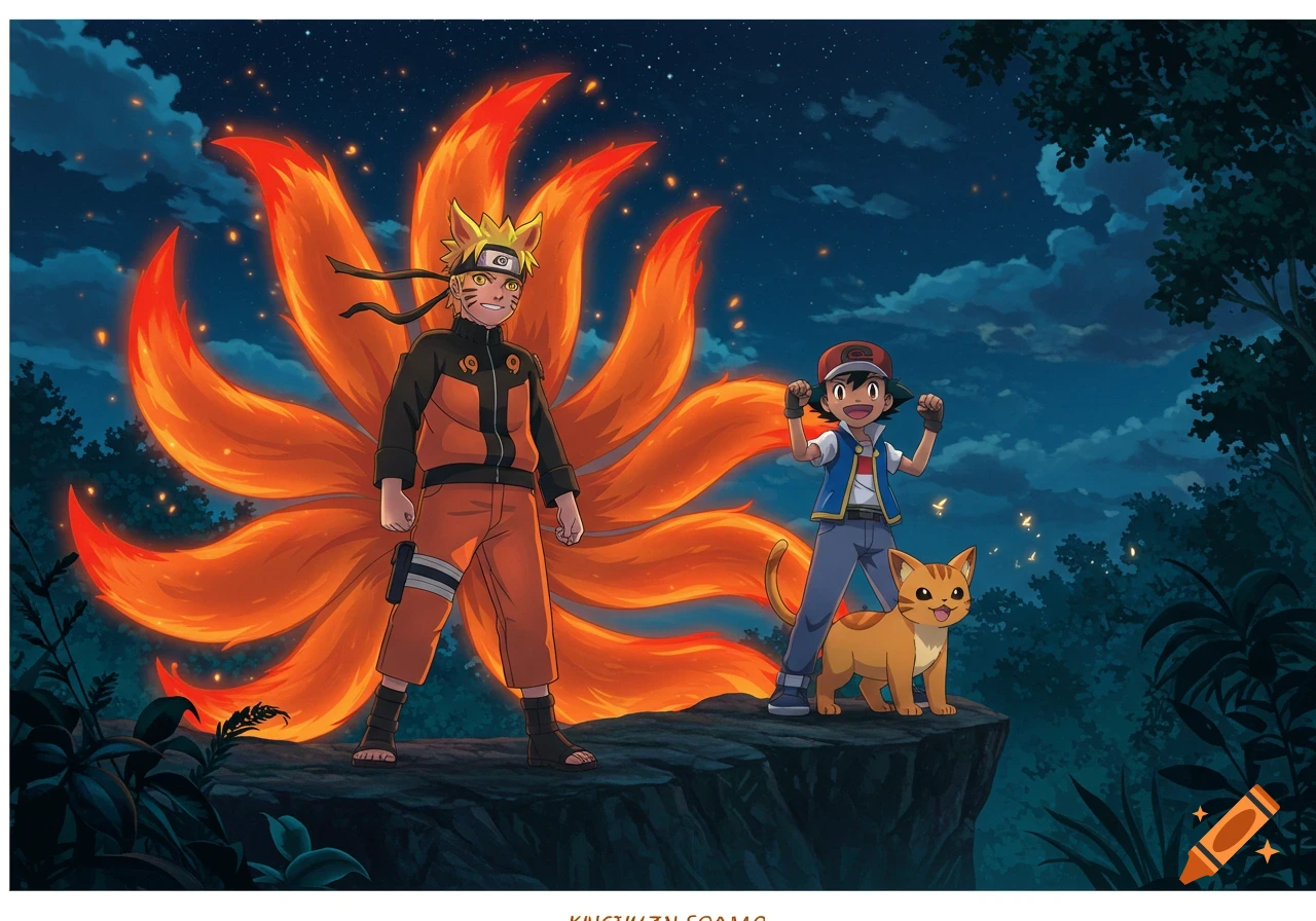 Naruto with nine glowing tails and Ash with a cat-like nekomata cheer on a cliff at night, anime style.