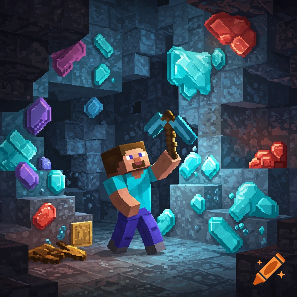 Minecraft Steve uses a pickaxe to mine glowing colorful gems and gold blocks in a dark pixelated cave.