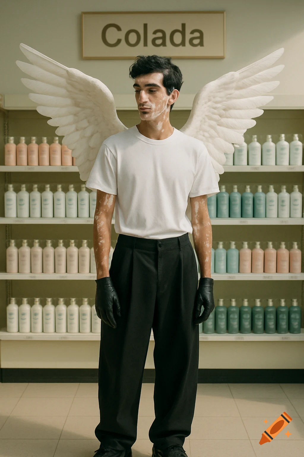 A photorealistic portrait of a man with vitiligo and white wings, wearing a white t-shirt and black pants, standing in a store aisle under a "Colada" sign.