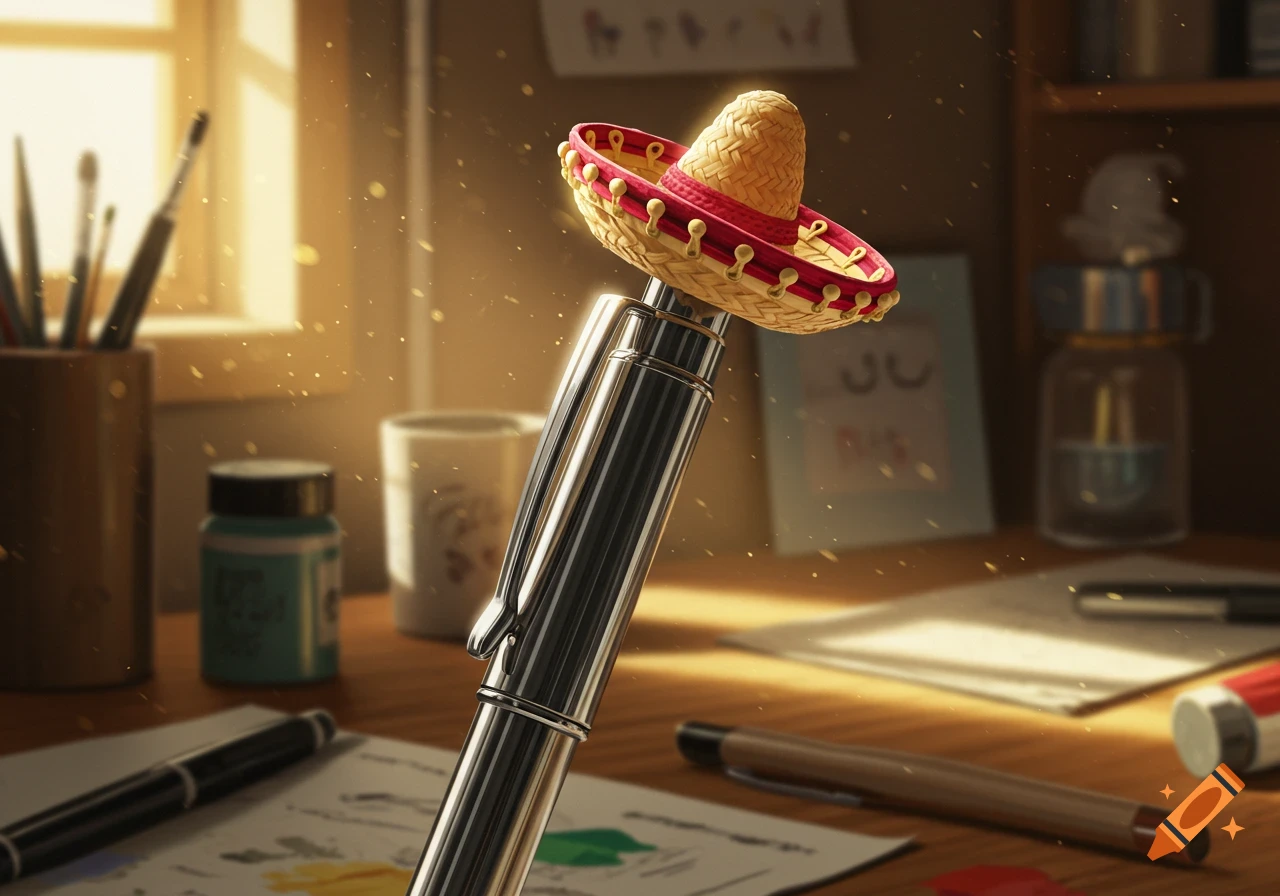 A shiny silver pen wearing a tiny straw sombrero stands upright on a sunlit wooden desk scattered with art supplies.