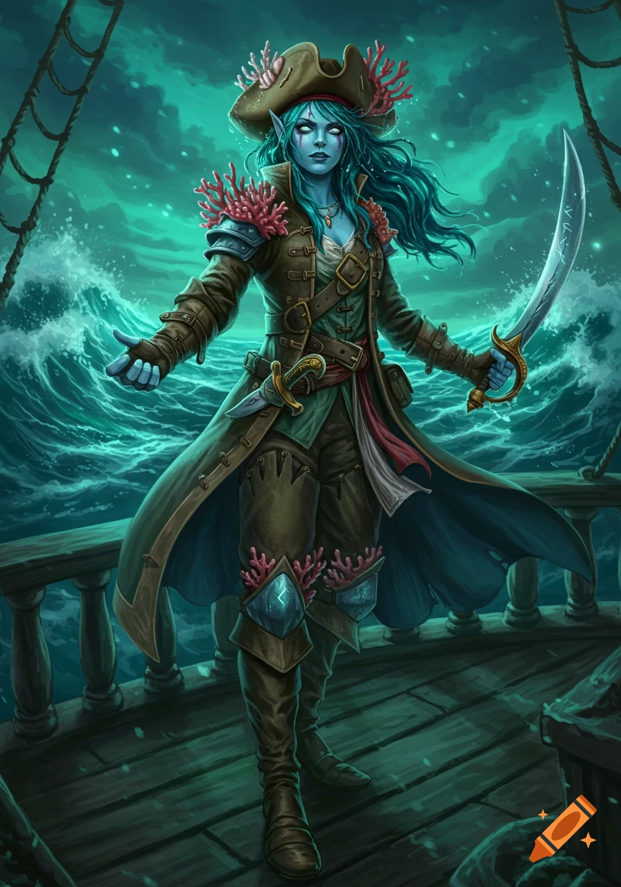 Blue-skinned female sea elf pirate with teal hair and coral adornments stands on a ship deck holding a sword, stormy turquoise sea.
