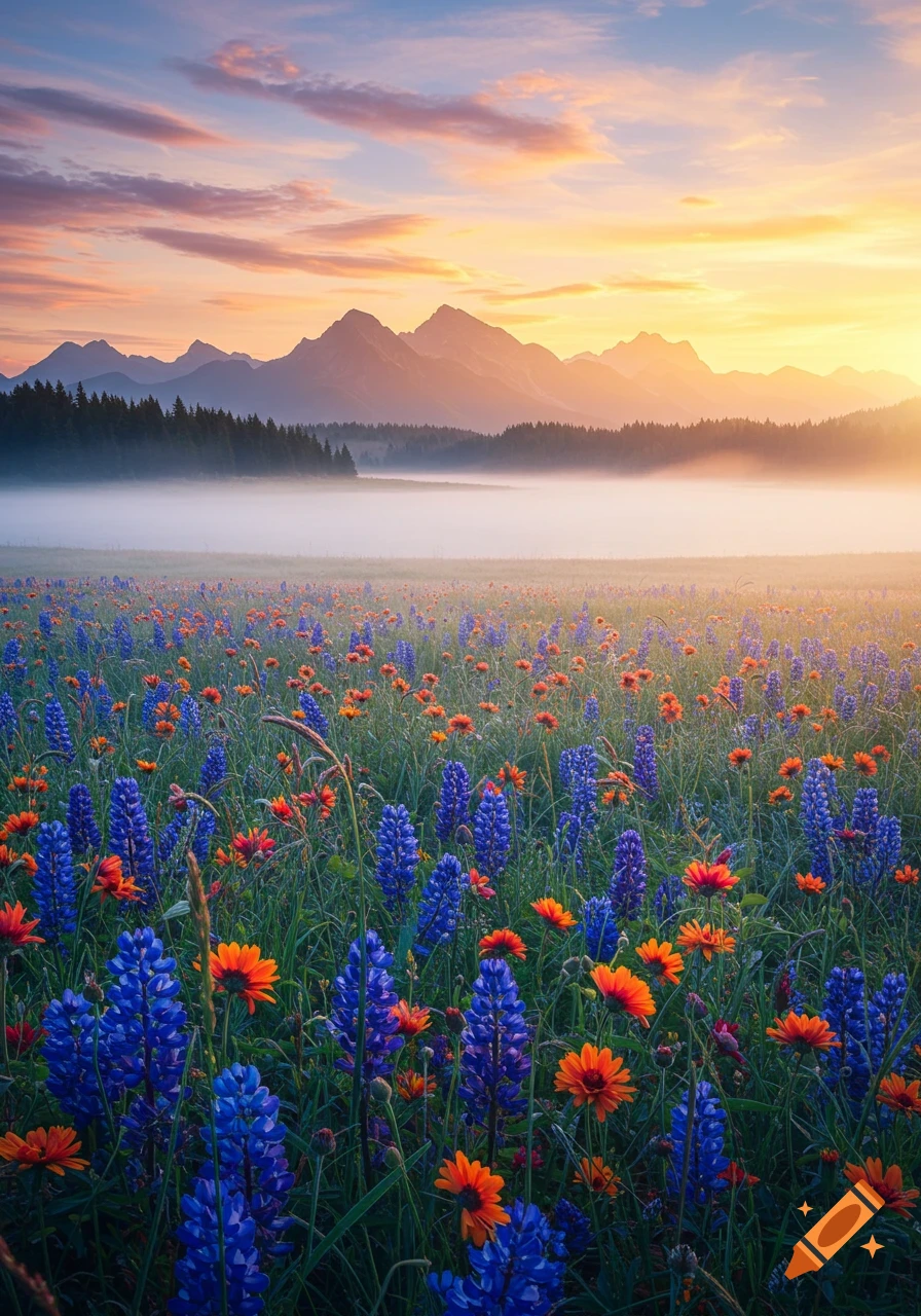 A vibrant field of blue lupines and orange flowers with a misty forest and mountains under a colorful sunrise sky. Photorealistic.