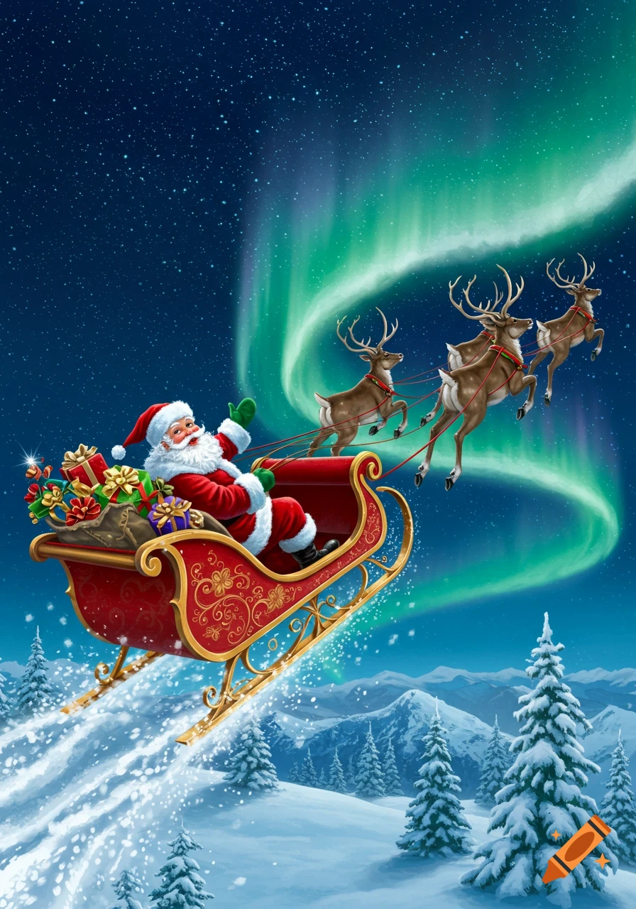 Santa Claus in his sleigh pulled by reindeer flies over snowy mountains under a starry night sky with the green Northern Lights.