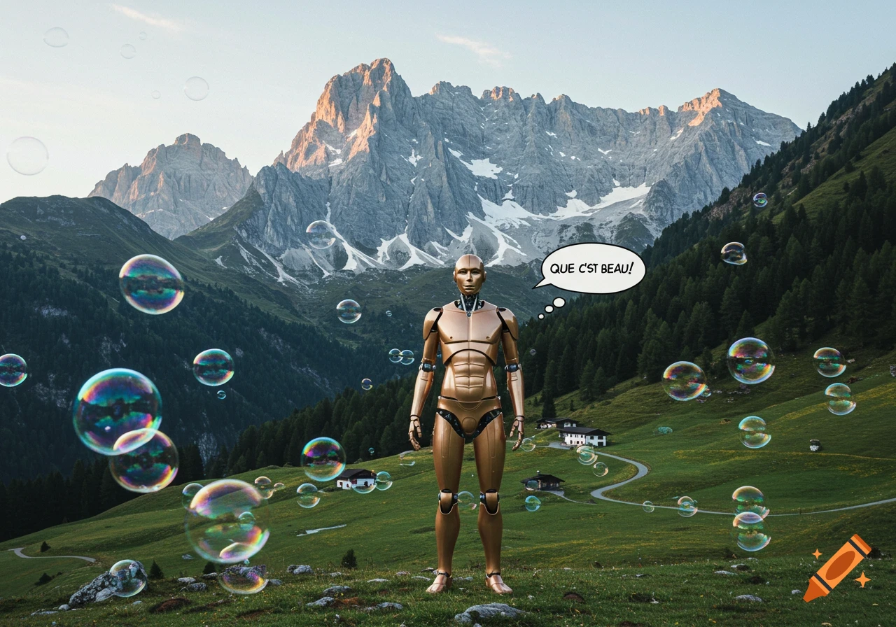 A golden and bronze robot stands in a mountain valley, surrounded by colorful soap bubbles, saying 'QUE C'EST BEAU!'