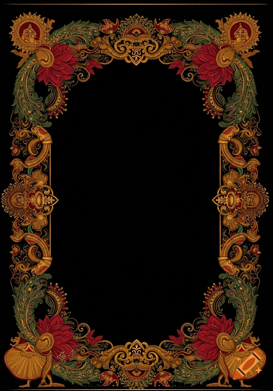 Ornate symmetrical border with gold, red, and green floral and peacock motifs on a black background, with an empty center.