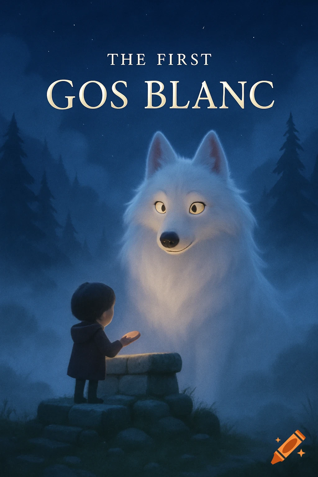 An animated scene in Pixar style with a child on a stone altar facing a large, glowing white wolf in a misty, dark forest. Text "THE FIRST GOS BLANC" above.