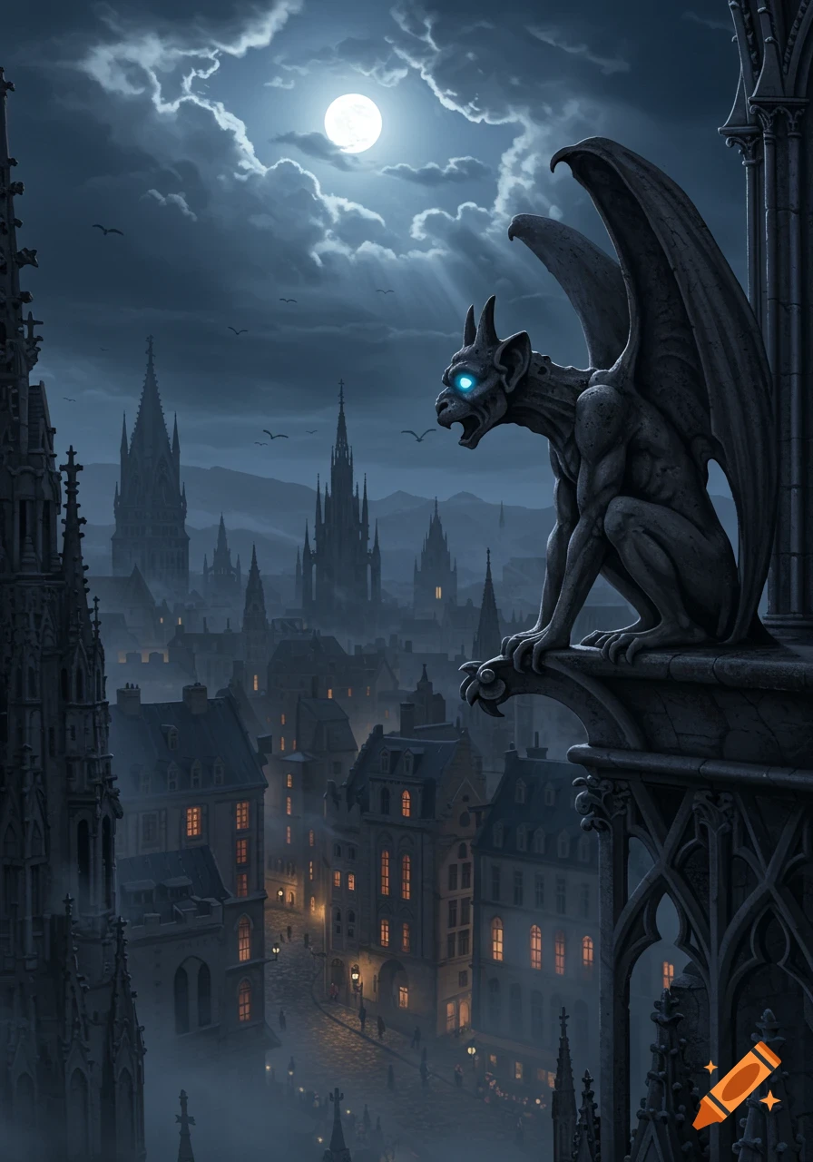 A stone gargoyle with glowing blue eyes perches on a gothic building, overlooking a moonlit city at night.
