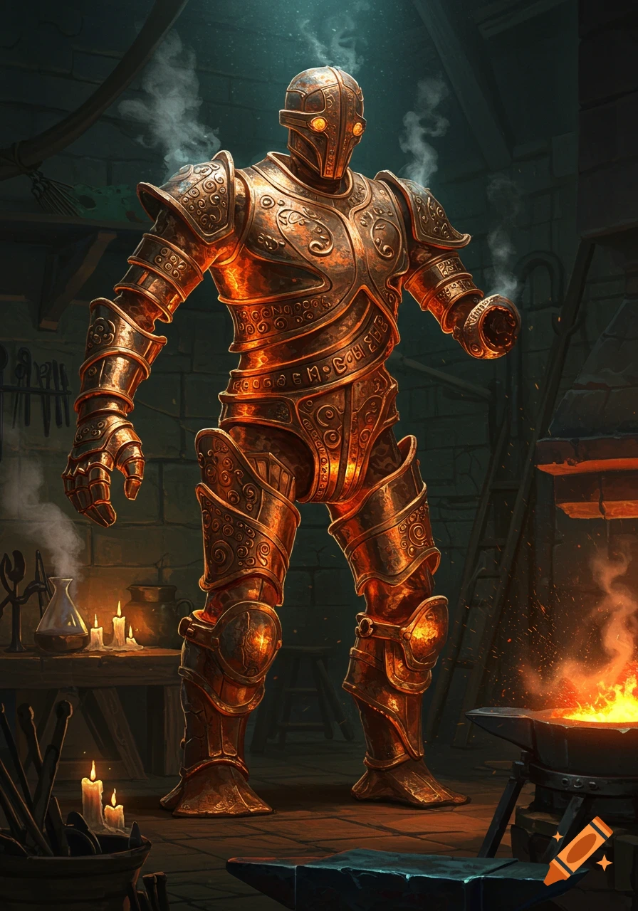 A large, detailed copper golem stands in a dimly lit workshop, steam rising from its shoulders.