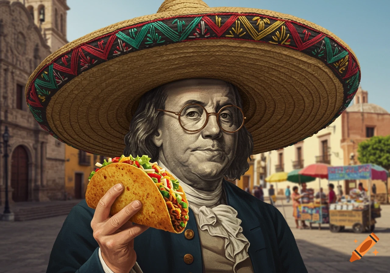 Benjamin Franklin wearing a colorful sombrero and holding a taco in a sunny Mexican town square.