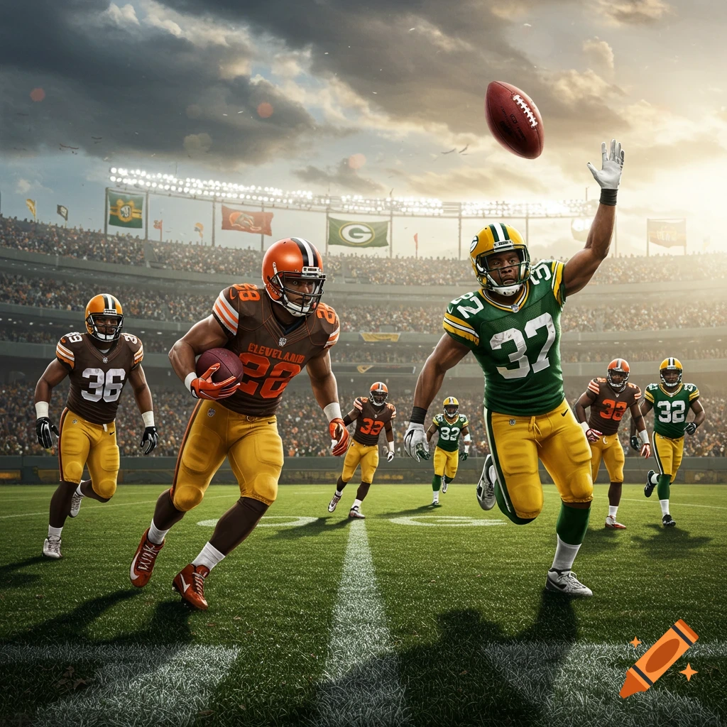 Photorealistic image of an American football game. A player in a green and yellow uniform raises his hand as a football flies above, while a player in a brown and orange uniform runs with another football.