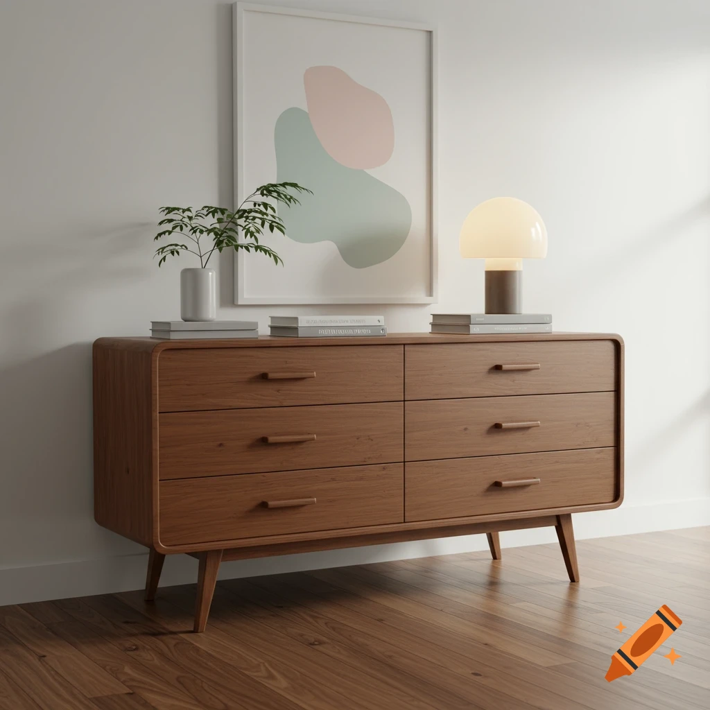 A modern wooden dresser with six drawers, a plant, a lamp, and abstract art on a white wall. Photorealistic.