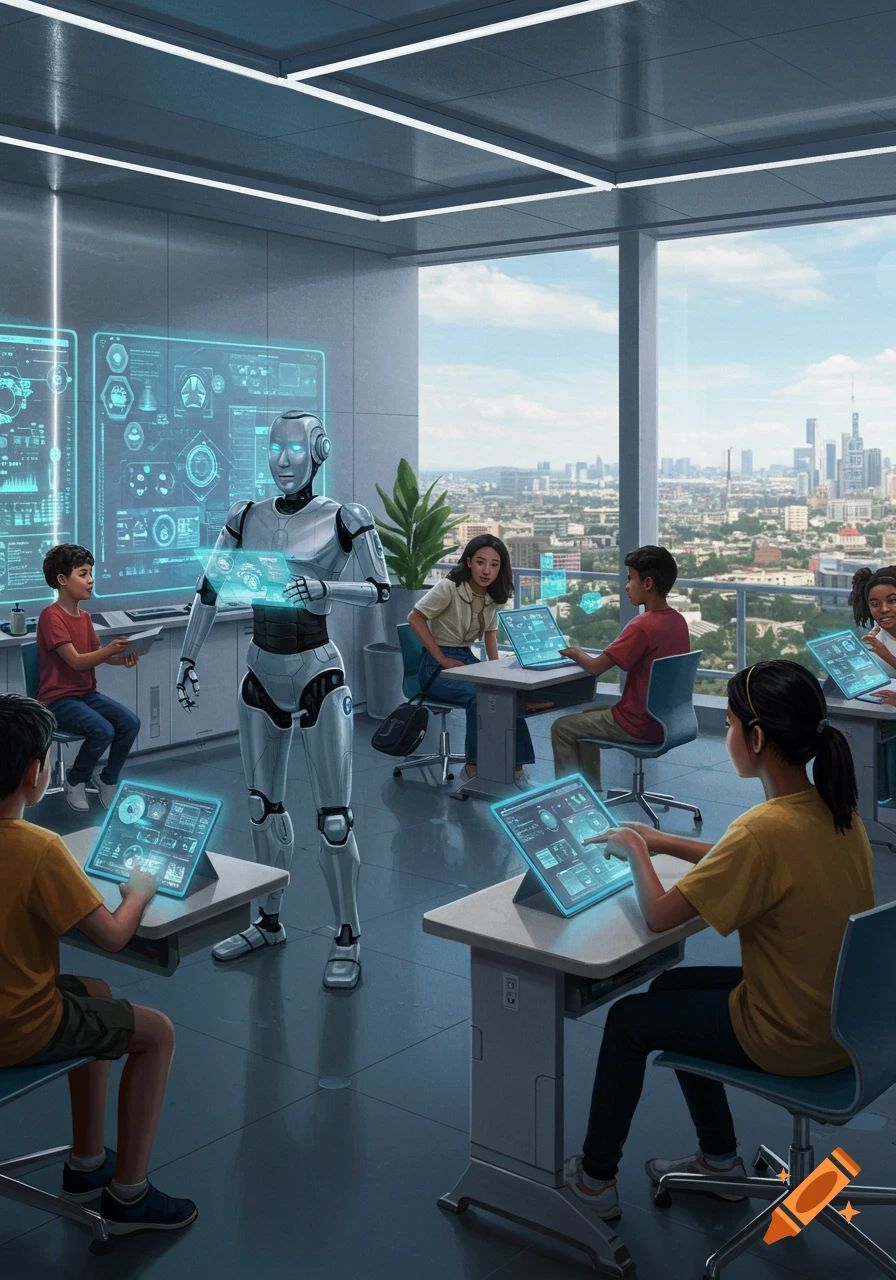 A humanoid robot teaches diverse students using holographic screens in a bright, futuristic classroom overlooking a city.