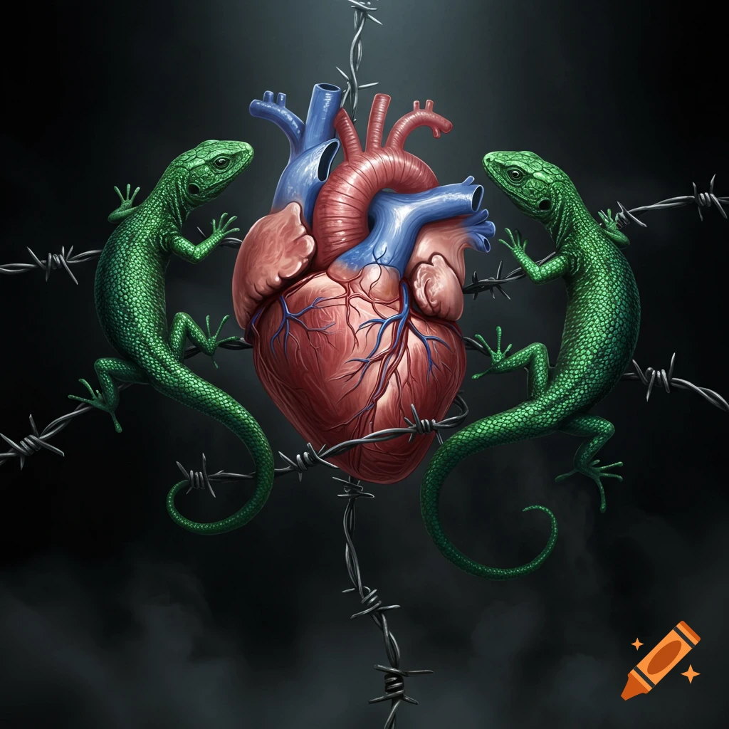 Two green lizards on either side of a detailed anatomical heart, all entwined in barbed wire against a dark, moody background.