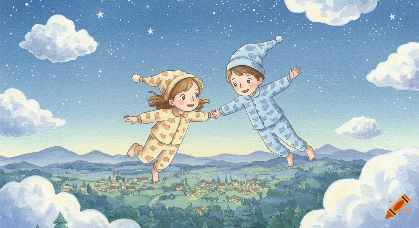 Watercolor illustration of a boy and girl in pajamas flying in a starry night sky above a twinkling town.