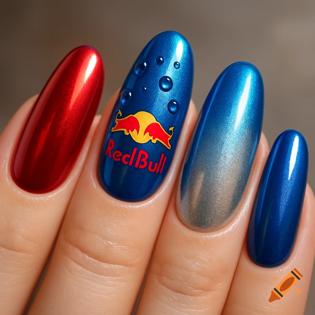 Close-up of a hand with five long gel nails painted in metallic red, blue, and silver. One blue nail features a Red Bull logo and water droplets.