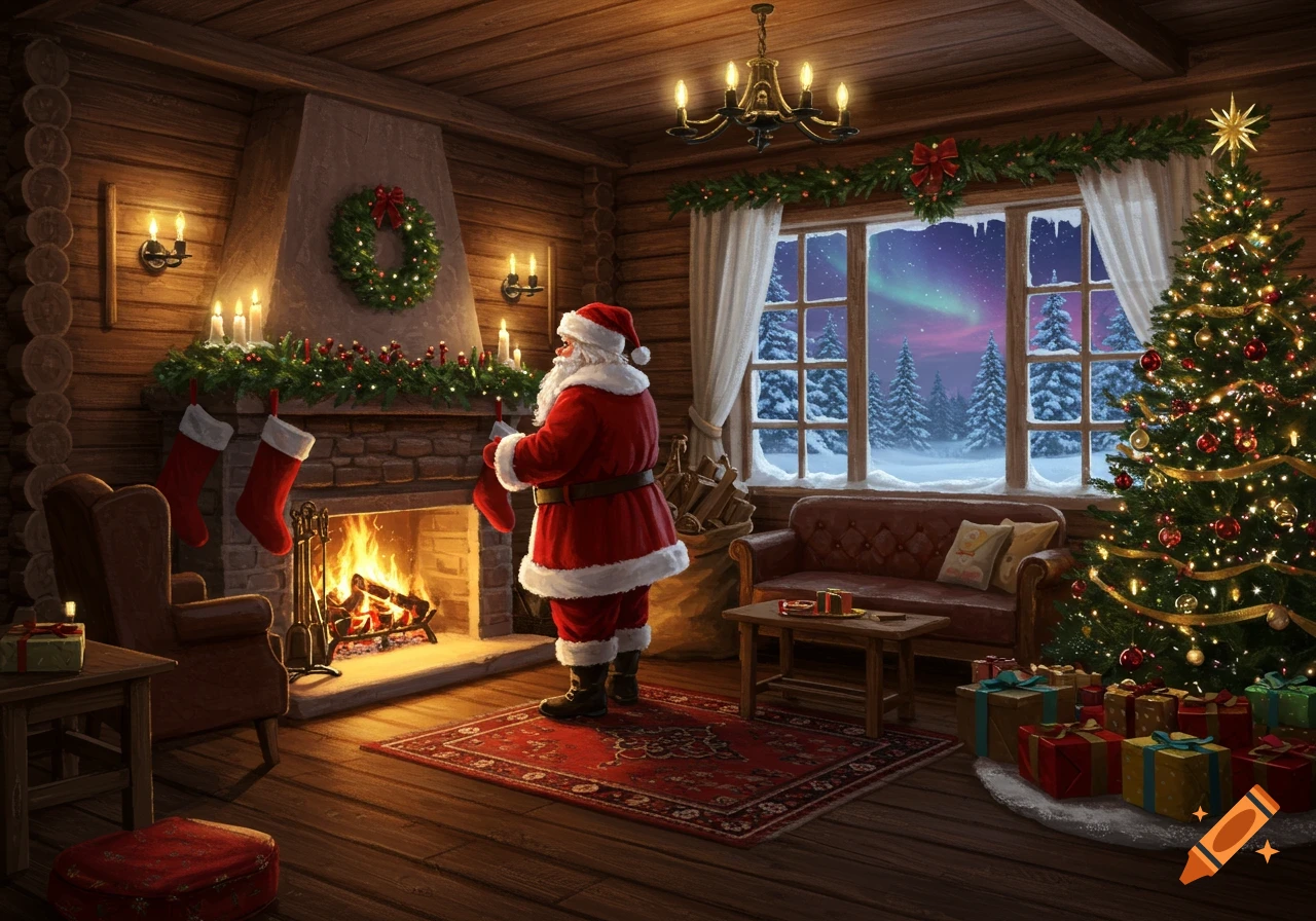 Santa Claus stands by a warm fireplace in a cozy log cabin, decorated for Christmas with a tree and a snowy window displaying the aurora.