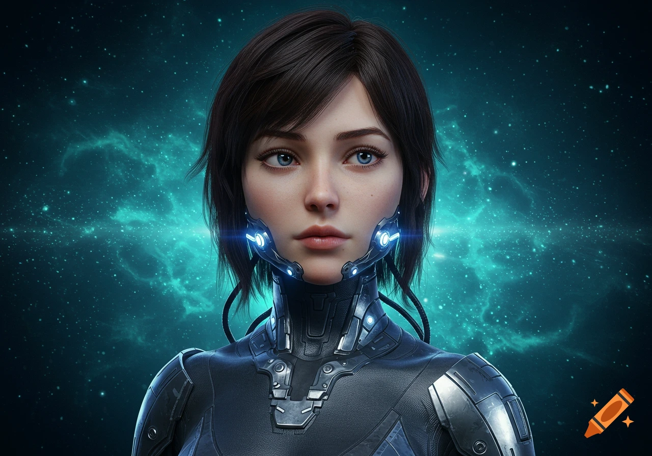 3D render of a young brunette in a dark futuristic suit with blue glowing cybernetics, against a blue cosmic background.
