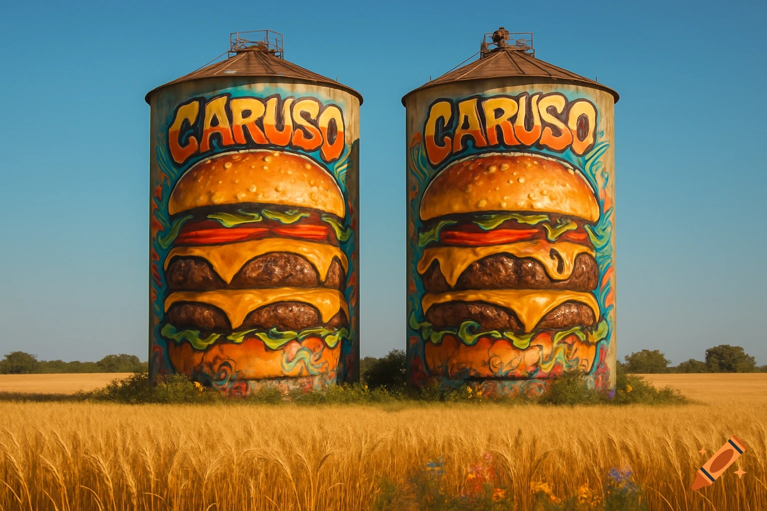 Two large grain silos painted with vibrant hamburgers and 'CARUSO', standing in a golden wheat field under a clear blue sky.