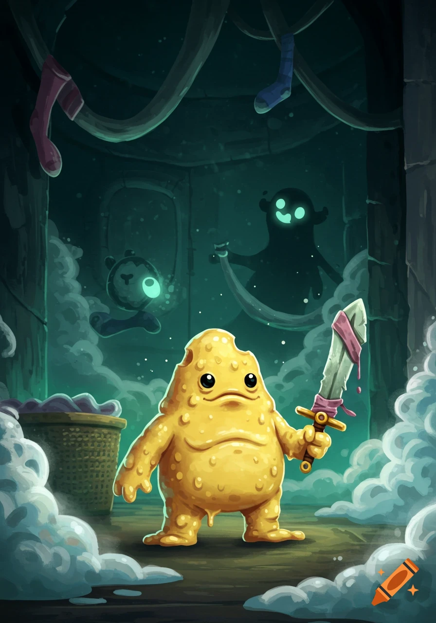 A cartoonish yellow blob creature with big eyes holds a sword in a dark, mysterious laundry room with floating socks and glowing ghost figures.