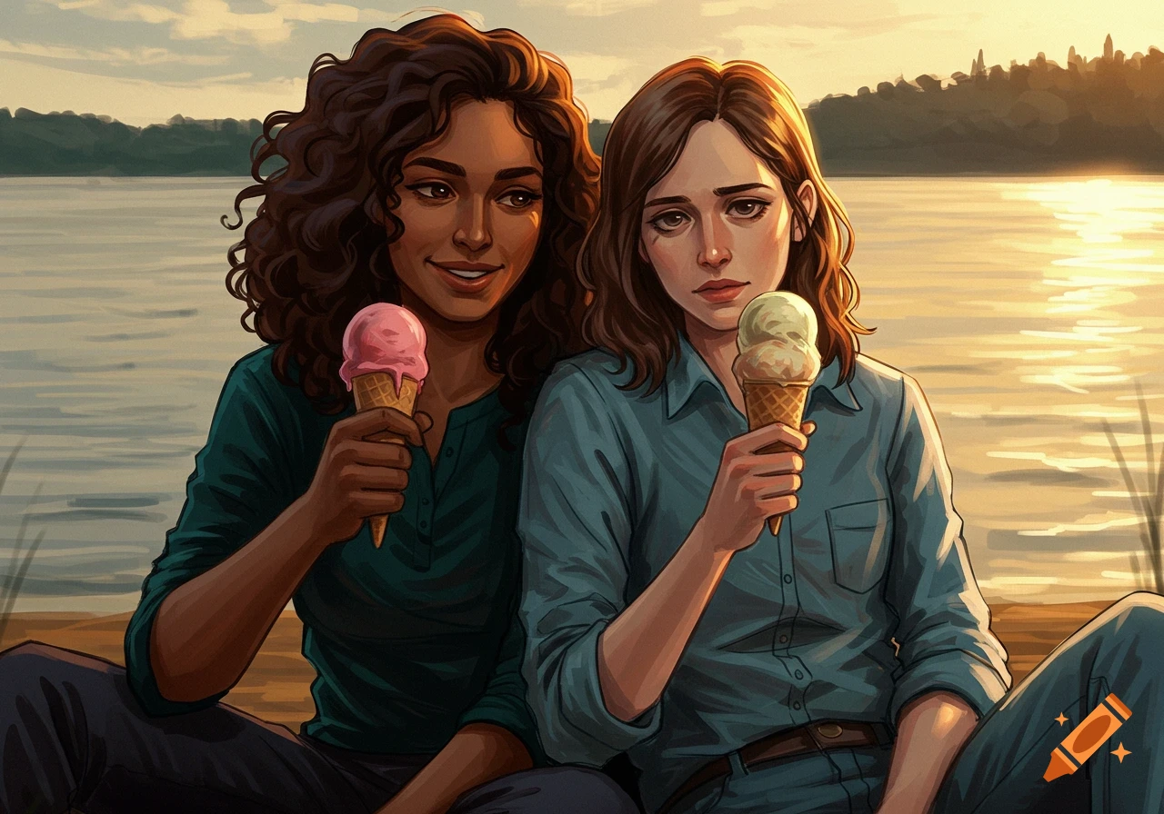 Two women holding ice cream cones, sitting by a lake with a sunset, in a neo-noir illustration style.