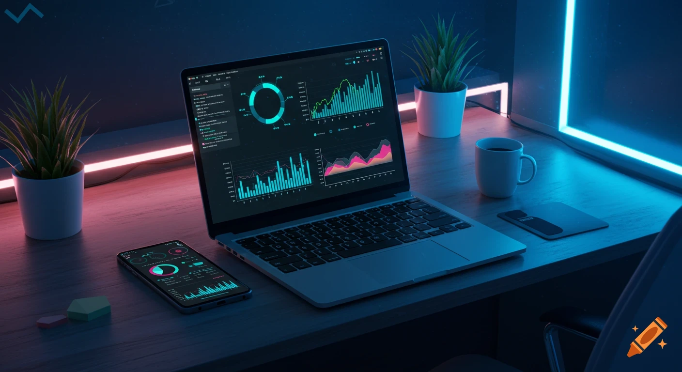 A modern workspace with a laptop and smartphone displaying analytics graphs, illuminated by blue and pink neon lights.