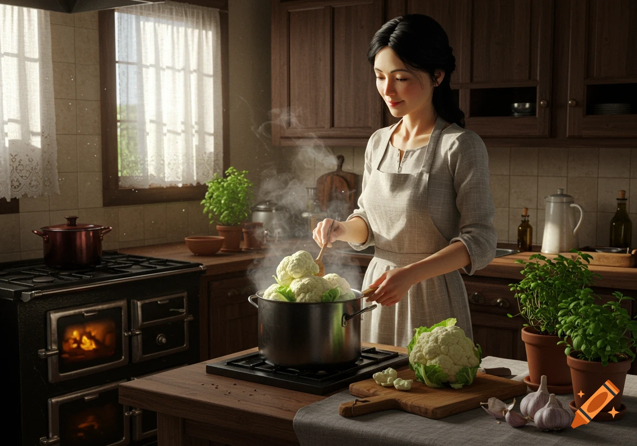 Photorealistic image of a woman cooking cauliflower in a pot in a rustic kitchen.
