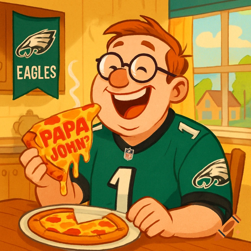 A happy cartoon man wearing a Philadelphia Eagles jersey eats a slice of pizza labeled "PAPA JOHN?".
