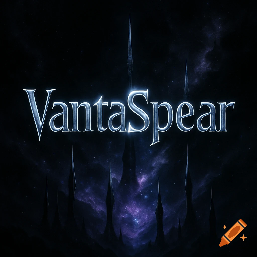 A dark, metallic logo for 'VantaSpear' against a cosmic background with purple nebulae and sharp spires.