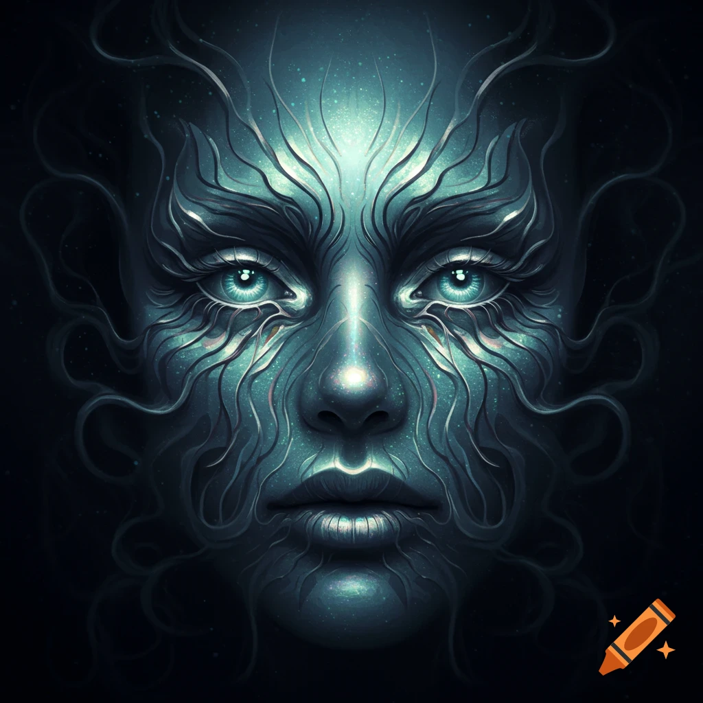 A close-up of a stylized, blue-green face covered in intricate, glowing organic patterns, with bright eyes on a dark background.