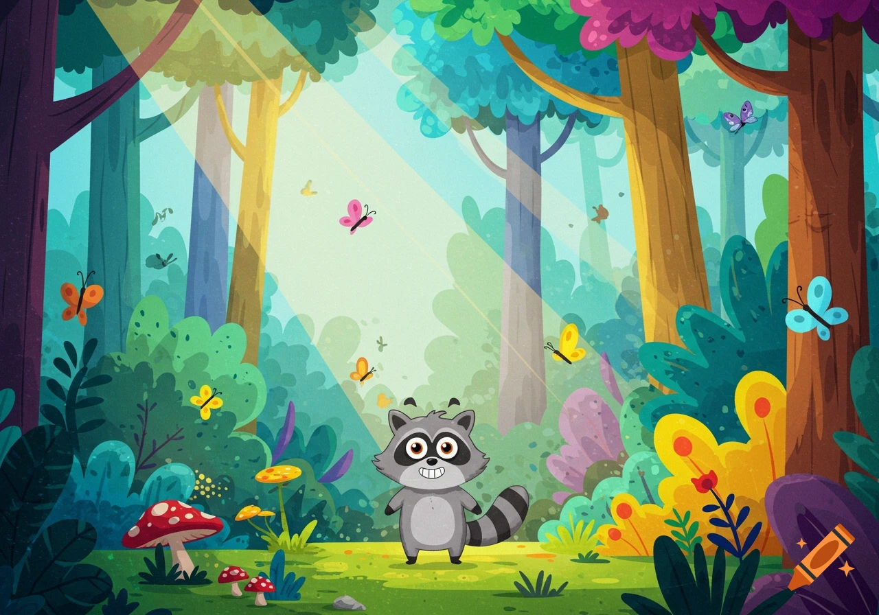 A smiling cartoon raccoon stands in a vibrant forest with colorful mushrooms, flying butterflies, and sun rays beaming through the trees.