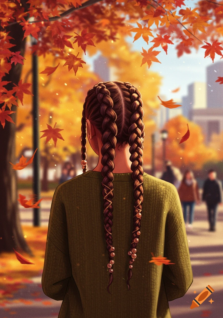 Illustrated view from behind of a person with long braided hair and a green sweater, walking through an autumn park with orange leaves.
