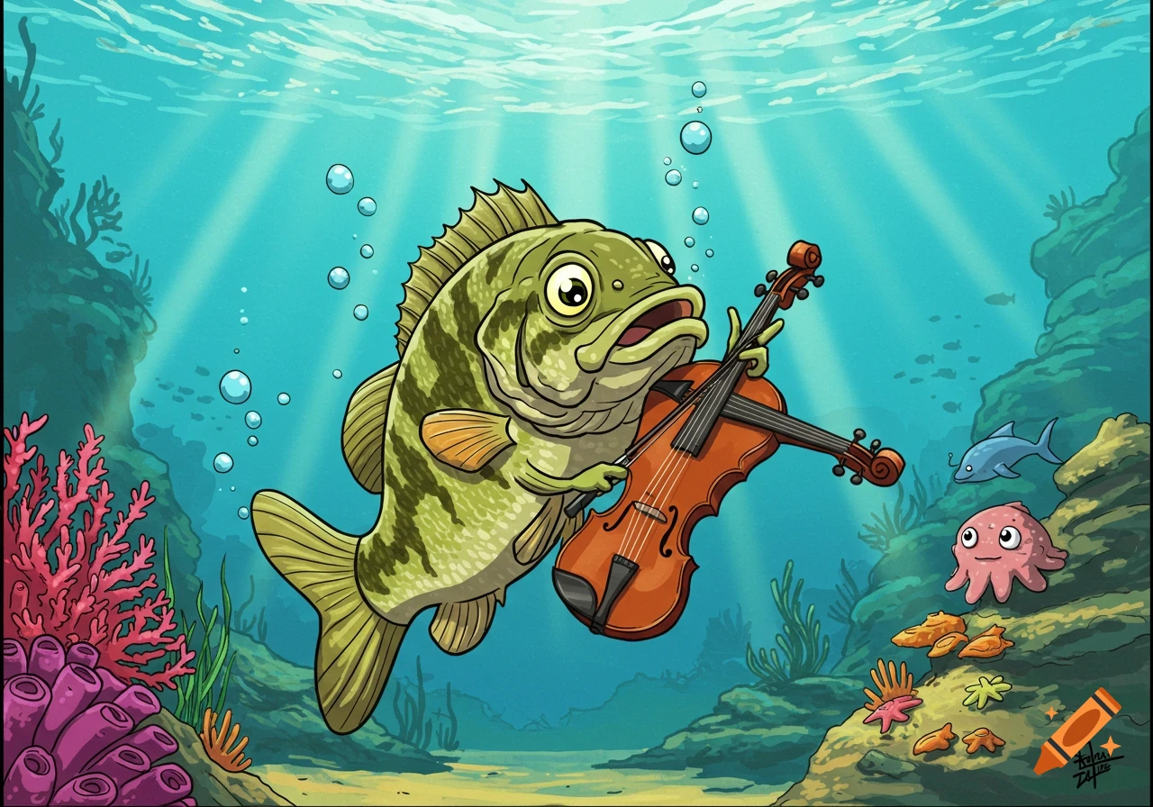 Comic illustration of a bass fish playing a violin underwater, surrounded by coral and other marine life.