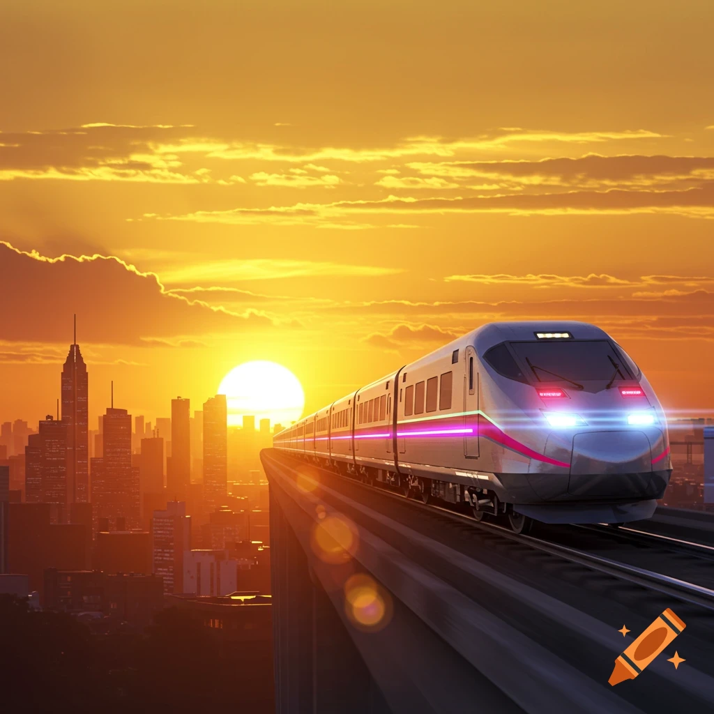 A sleek, modern train speeds on an elevated track over a city skyline at a vibrant orange sunset.