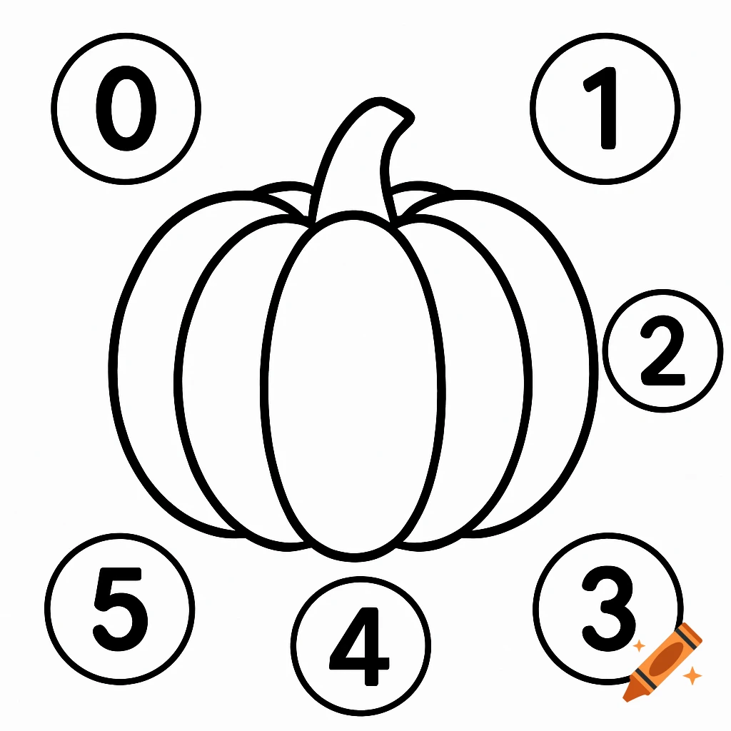 A black and white line art coloring page of a cartoon pumpkin, surrounded by circles containing numbers 0 through 5.