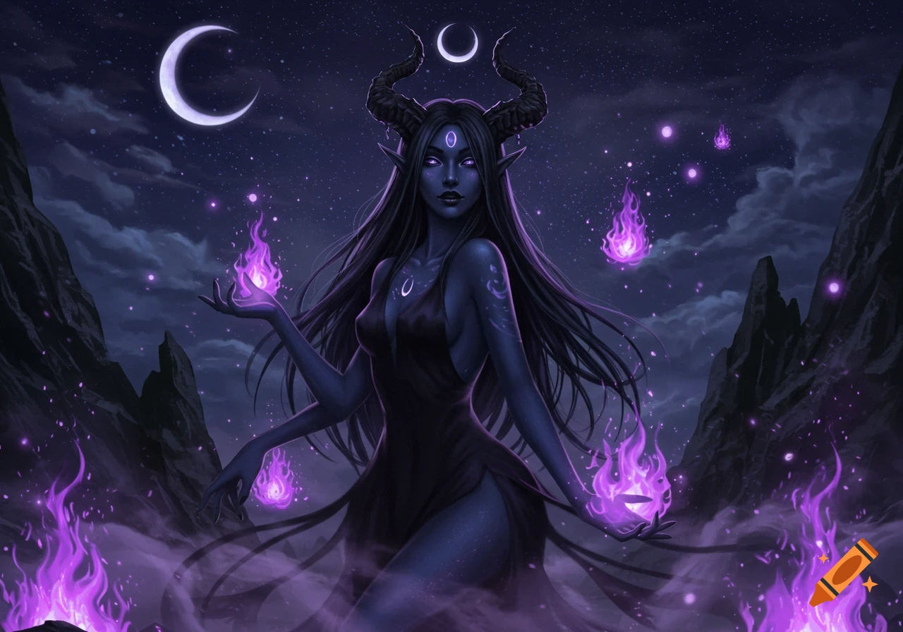 Dark-skinned demoness with horns and long hair, glowing purple eyes, casting purple fire spells under a night sky with crescent moons.