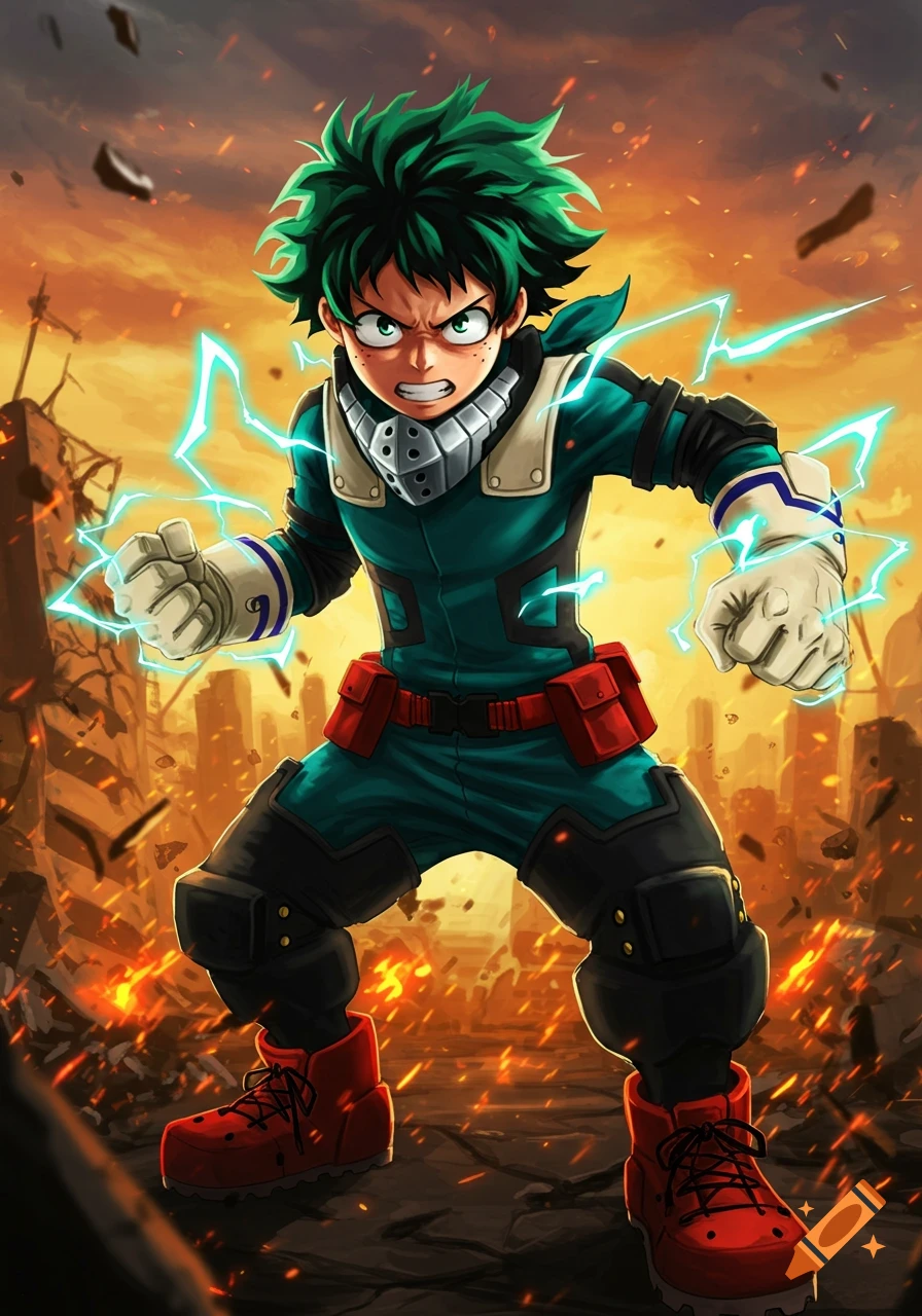 Young anime superhero Deku with green hair and suit, surrounded by blue lightning, stands fiercely in a destroyed city.