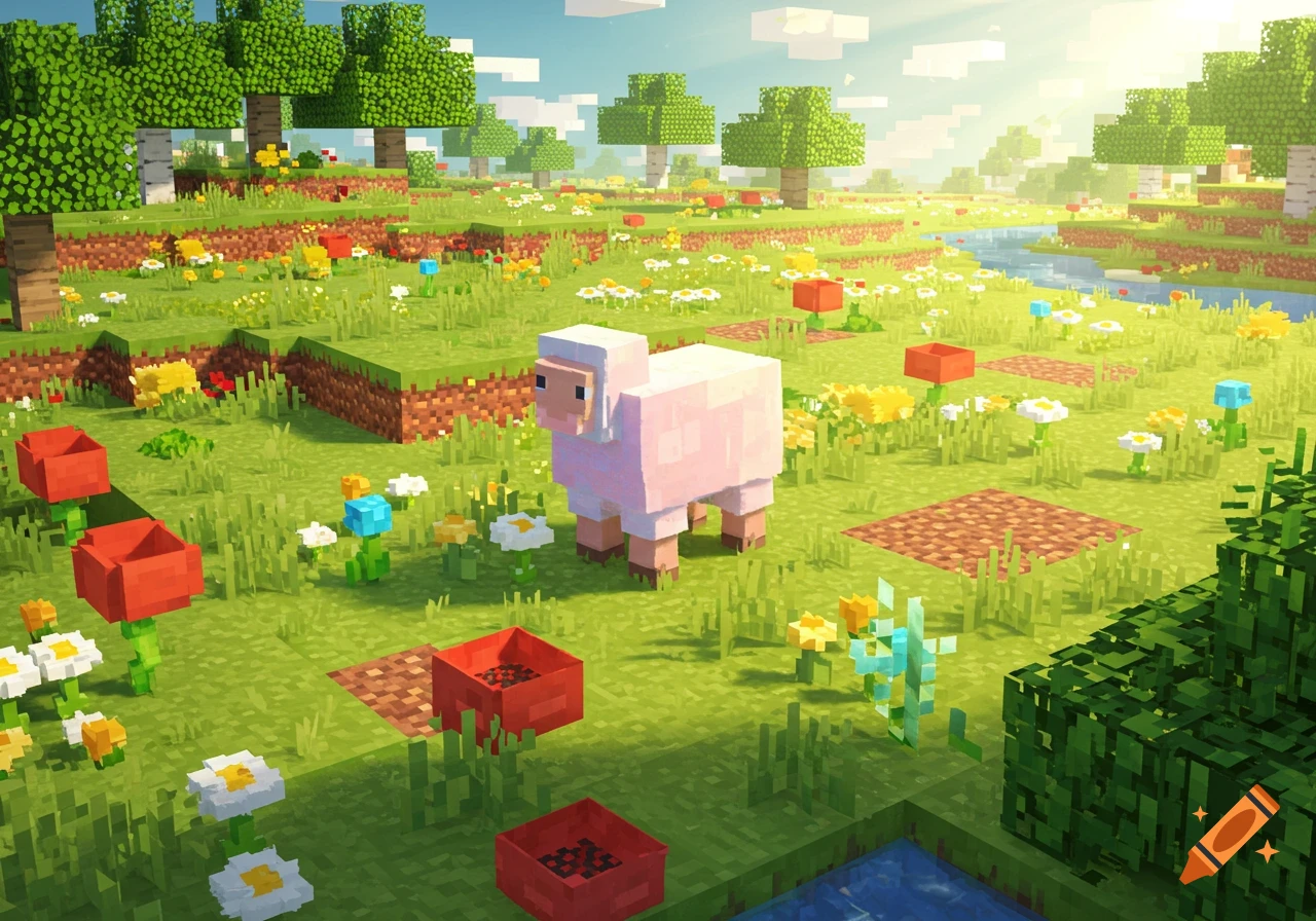 A blocky pink sheep stands in a vibrant green meadow with colorful flowers, trees, and a river under a bright sky, in the style of Minecraft.