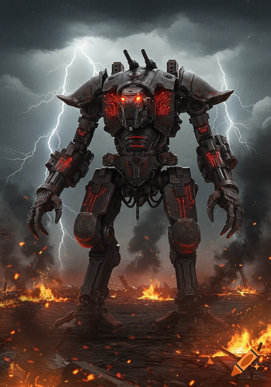 A massive, dark war robot with glowing red circuits stands on a fiery battlefield under a stormy, lightning-filled sky.