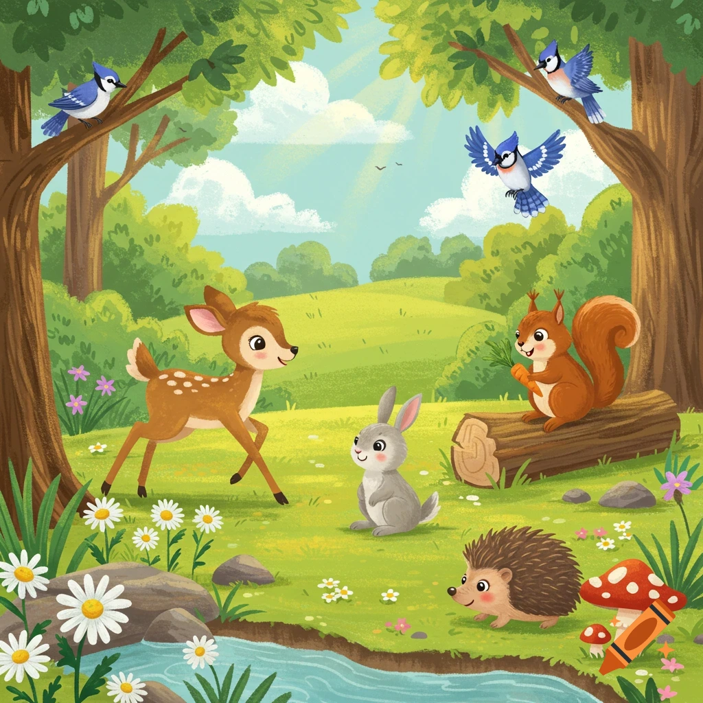 A whimsical children's book illustration of cute forest animals, including a fawn, rabbit, squirrel, hedgehog, and blue jays, in a sunny forest with a stream.