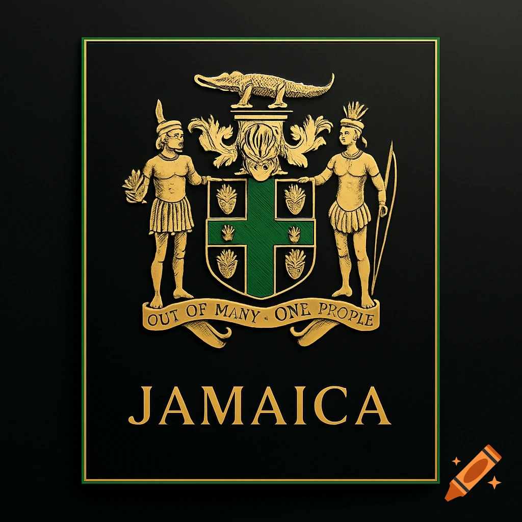 Gold and green Jamaican Coat of Arms with a crocodile and two indigenous figures, and 'JAMAICA' below, on a black background.