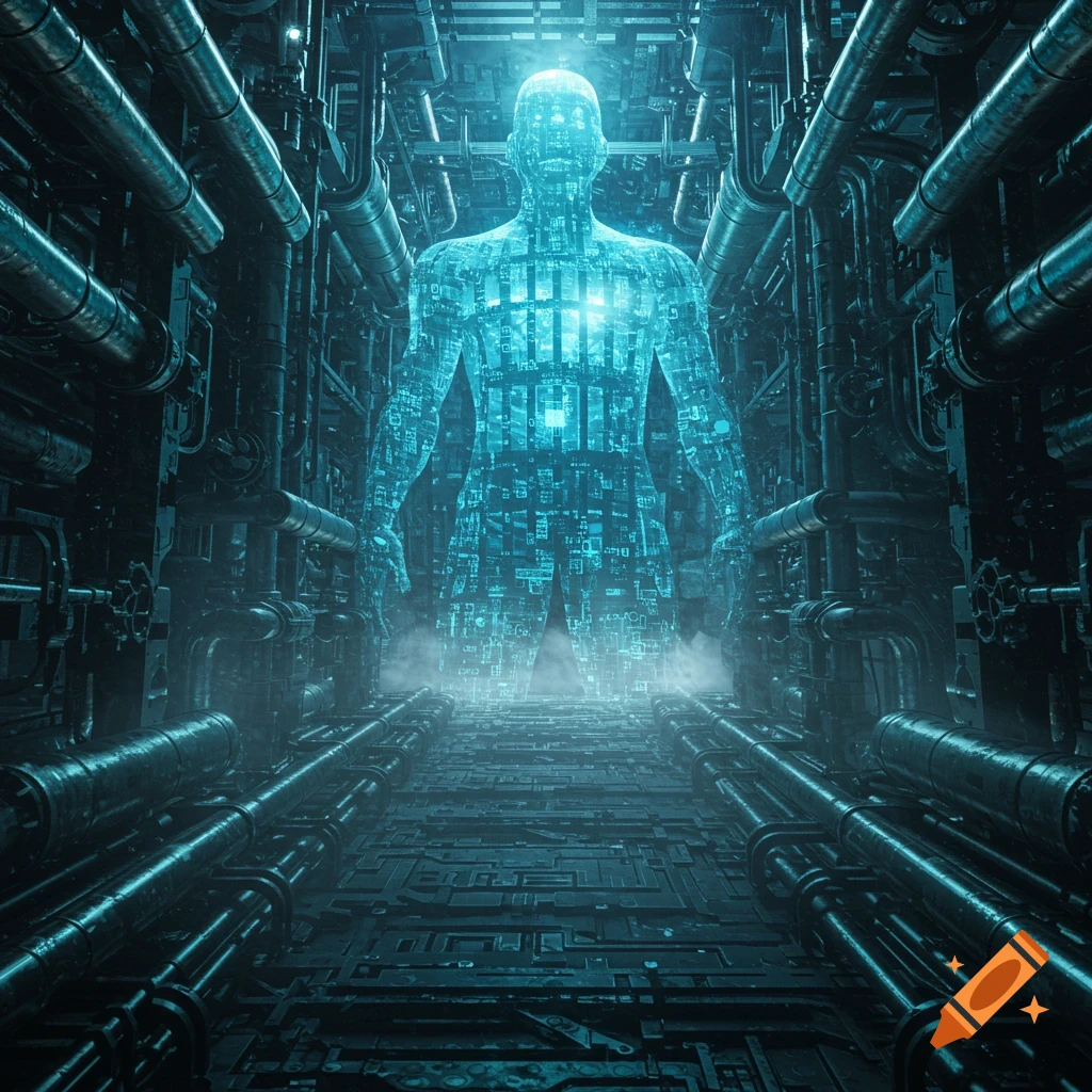 A glowing blue digital human stands in a dark, futuristic industrial corridor with pipes and circuitry, in a sci-fi style.