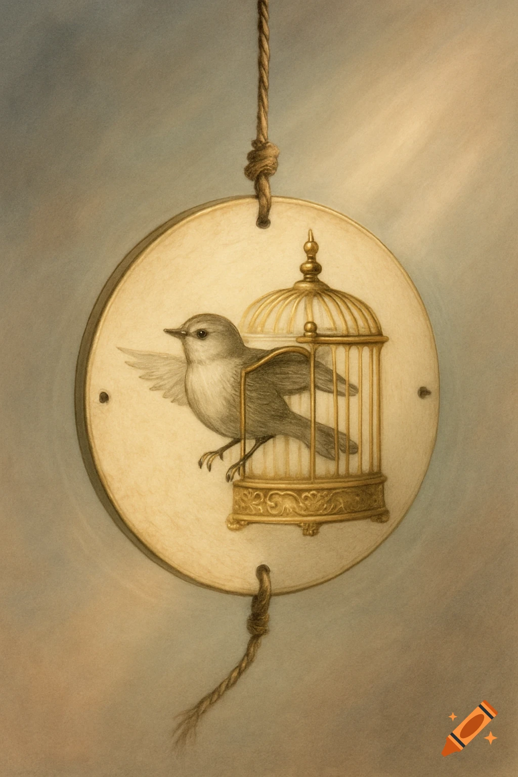 A vintage illustration of a bird and a golden birdcage on a circular plaque suspended by rope.