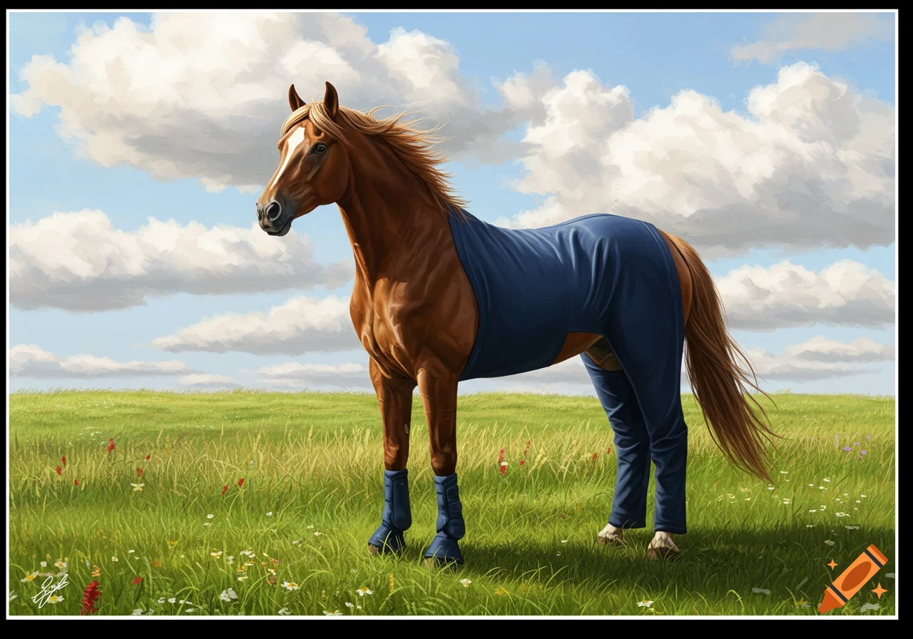 A brown horse wearing blue pants and leg coverings stands in a grassy field under a cloudy sky, digital art.