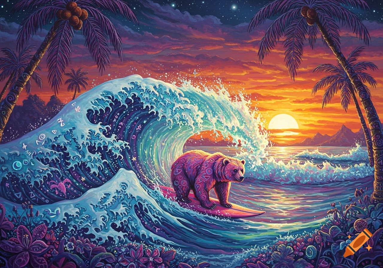 Psychedelic painting of a pinkish-purple bear surfing a large wave at sunset in a vibrant tropical landscape.
