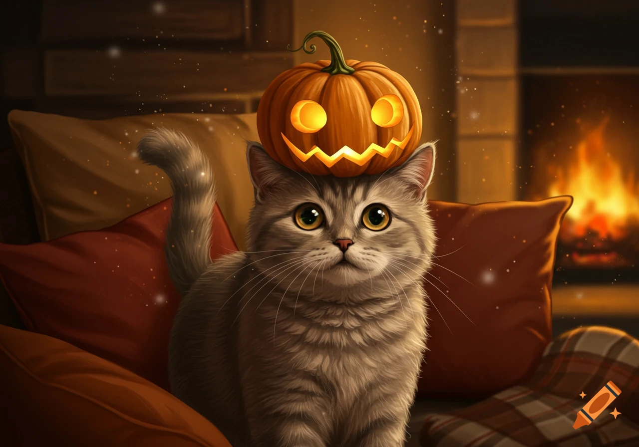A fluffy grey cat with large golden eyes sits indoors with a carved jack-o'-lantern on its head, in front of a warm fireplace. Illustrated style.