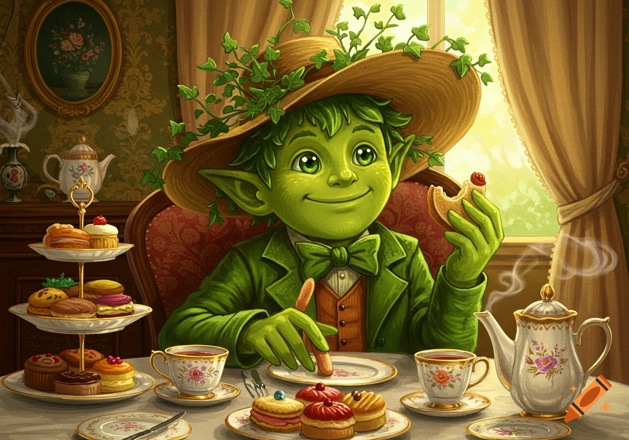 Whimsical illustration of a green, elf-like creature with a straw hat and ivy, eating pastries at a tea party.