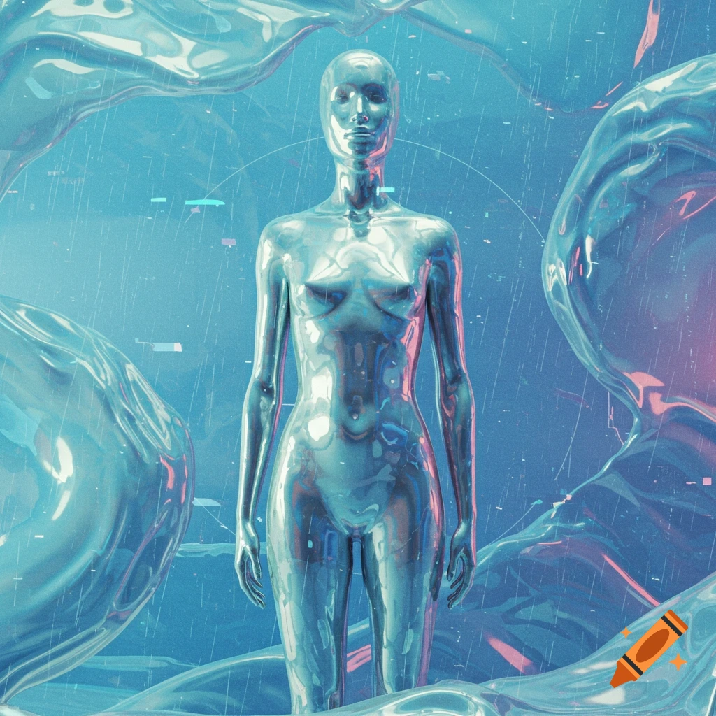 A surreal, metallic silver humanoid statue stands amidst flowing blue liquid and futuristic effects.
