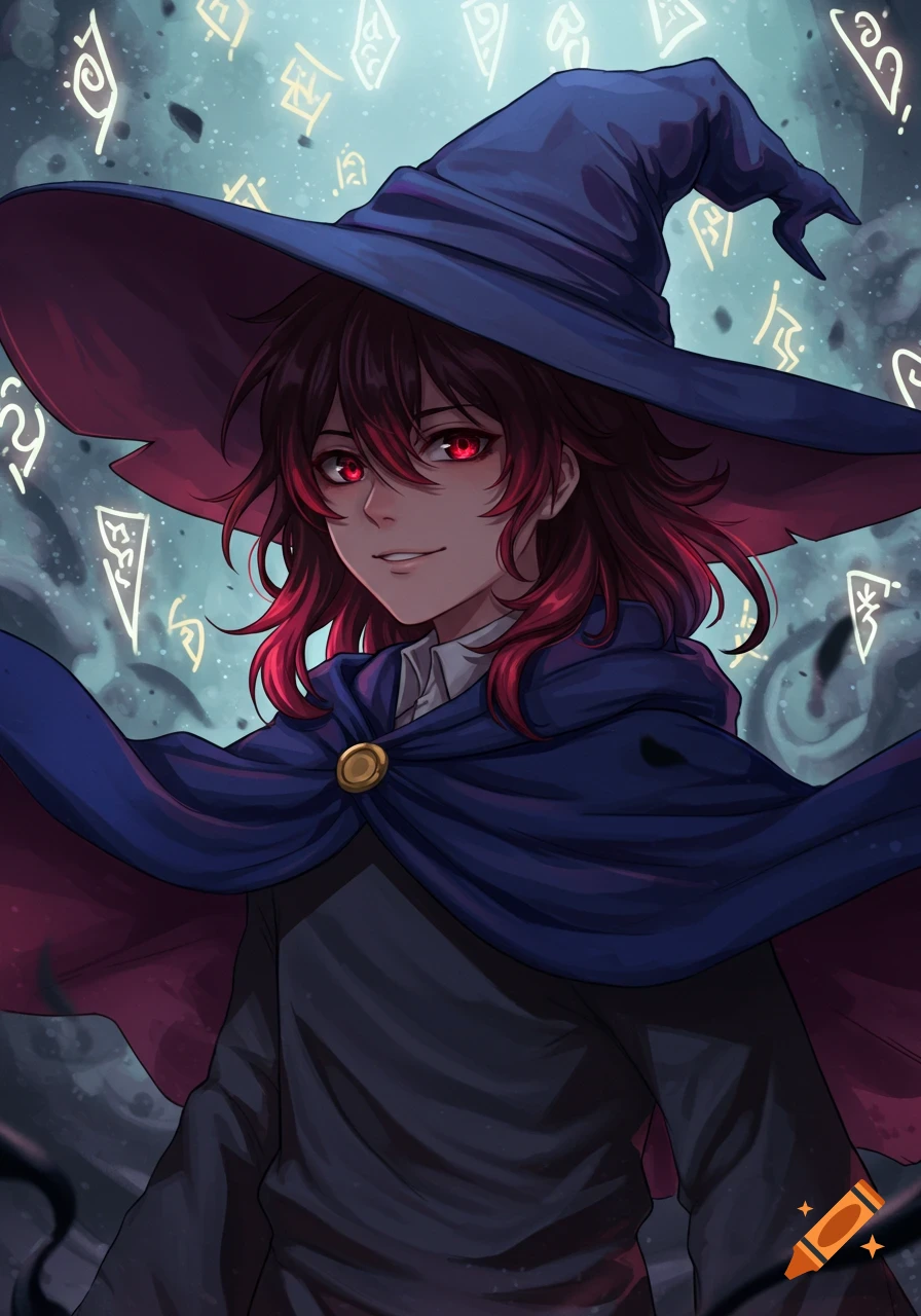 A handsome anime wizard boy with dark red eyes and dark red hair, wearing a blue cape and hat, smiles softly amidst glowing runes.